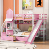 Twin-Over-Twin Castle Style Bunk Bed with 2 Drawers 3 Shelves and Slide - Pink(OLD SKU:LT000559AAH-2)