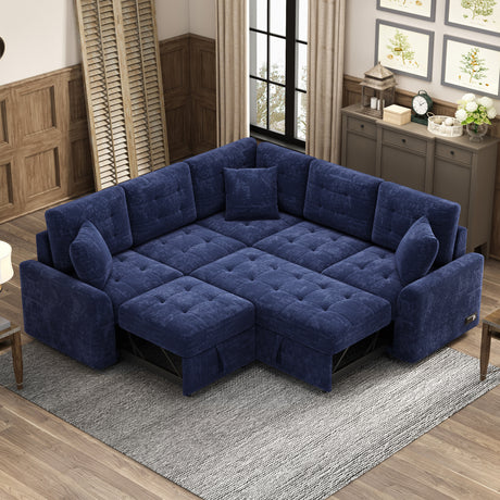 Navy Blue L-shape Sofa Bed with Pull-out Sleeper, USB Ports, Power Sockets, Corded Velveteen, 82.6' - sold by Home Elegance USA