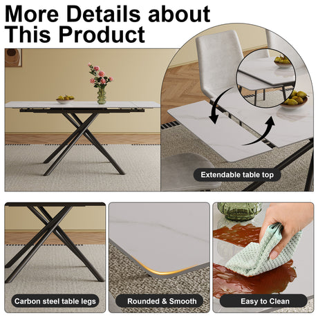 Modern Retractable Sintered Stone Dining Table Set with Black Carbon Steel Legs, Includes 8 Chairs - sold by Home Elegance USA