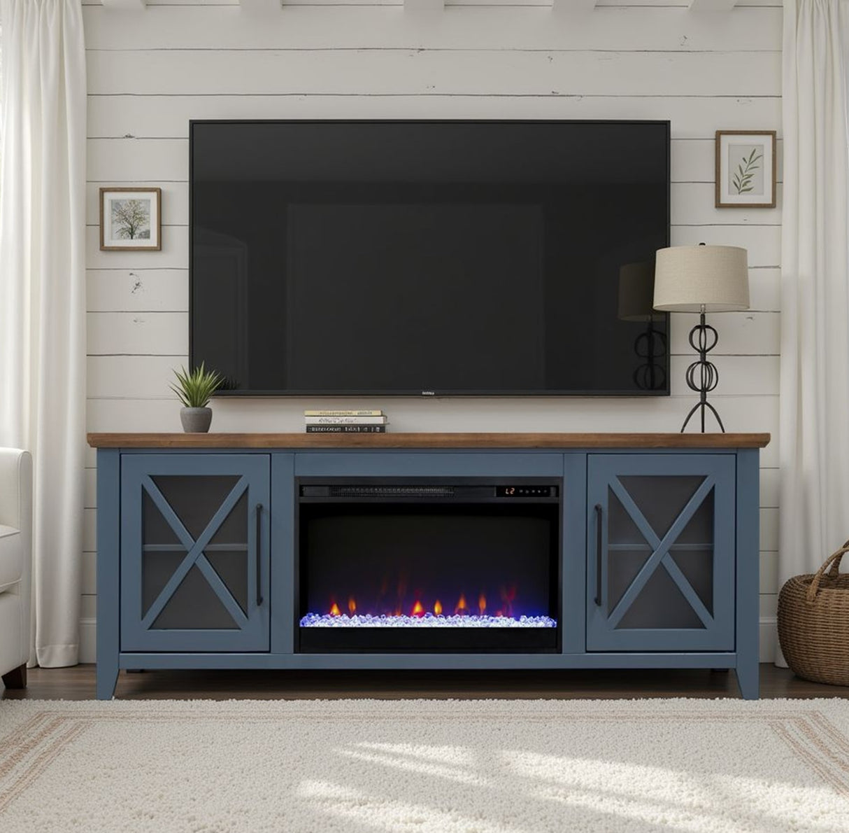 Soporte para TV con chimenea Ithaca de 66 pulgadas, para televisores de hasta 80 pulgadas, requiere un ensamblaje mínimo, acabado azul y bourbon