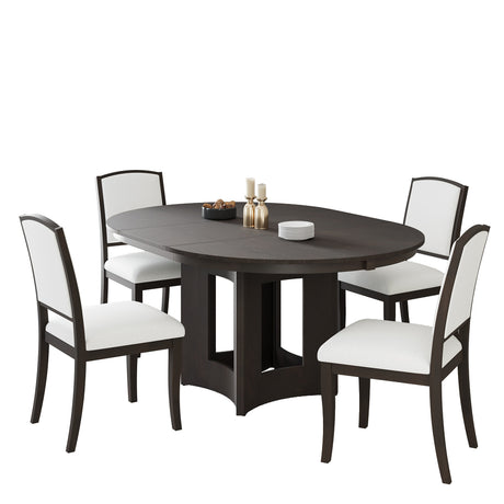 TOPMAX Farmhouse Extendable Round Dining Table Set for 4, 5-Piece Kitchen Table Set with 4 Upholstered Chairs and 16inch Removable Leaf for Small Places, Espresso+Beige - sold by Home Elegance USA