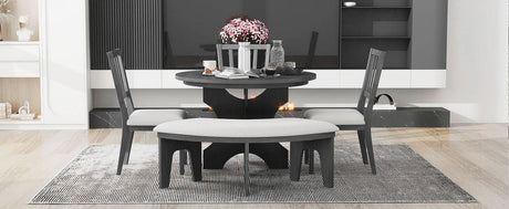 TREXM 5-piece Rustic Charm Round Dining Set with 3 Upholstered Chairs and Curved Bench for Dining Room, Kitchen and Living Room (Gray) - sold by Home Elegance USA