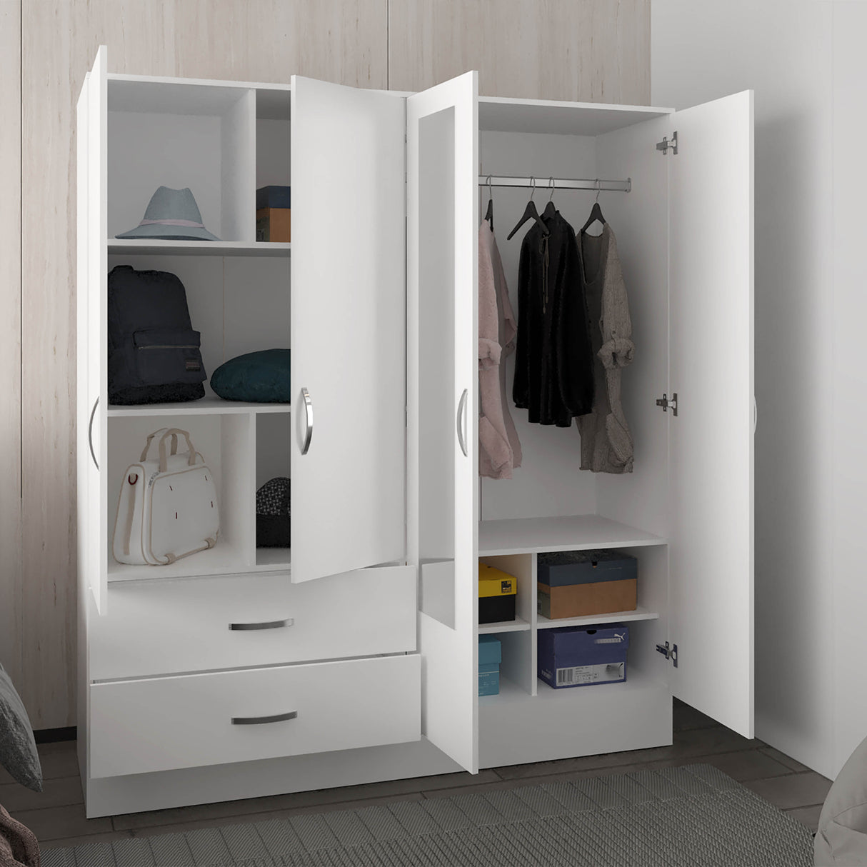 Bolton 160 Armoire, Six Shelves, Two Double Door Cabinets, Two Mirrors, Two Drawers, White - sold by Home Elegance USA