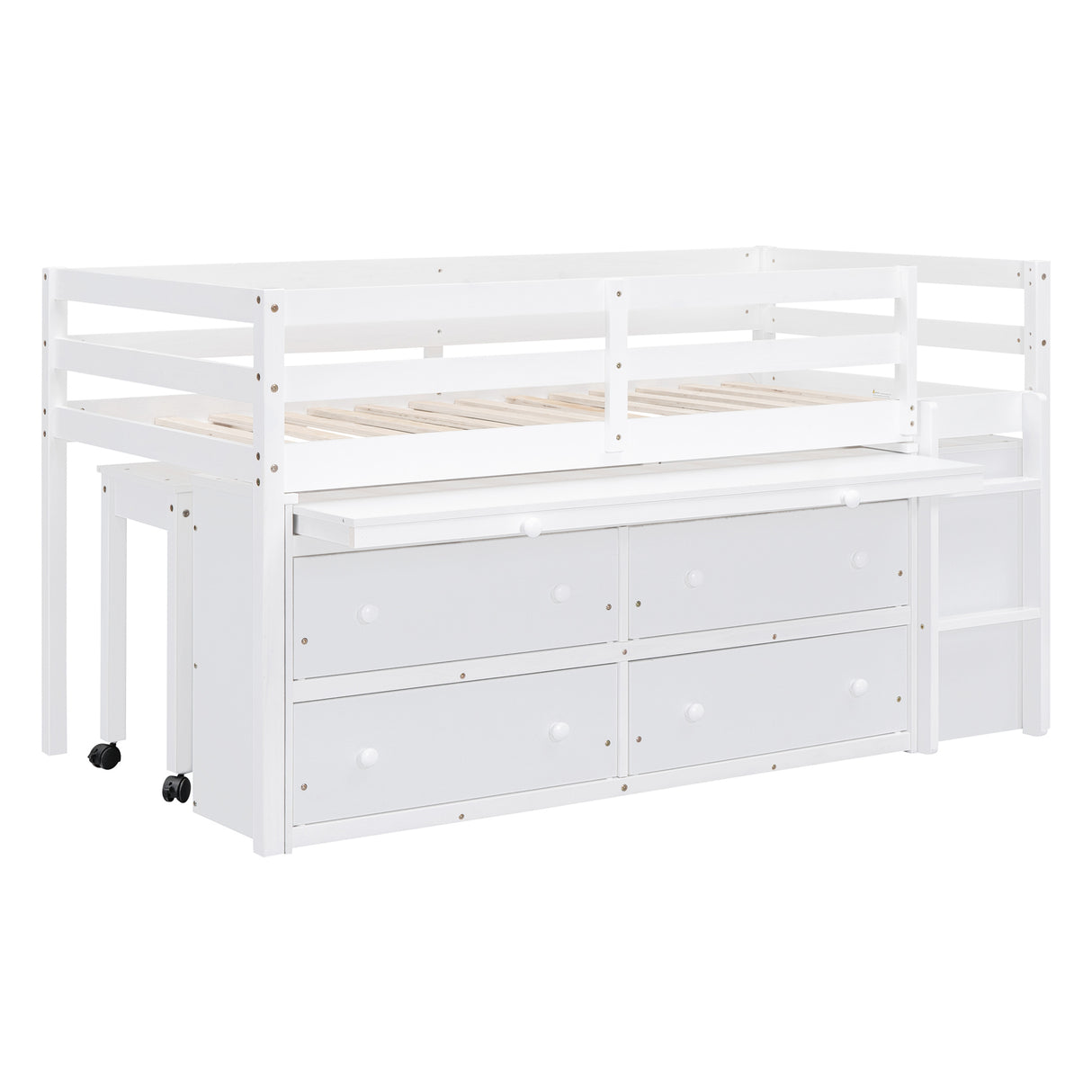 Twin Size Loft Bed with Retractable Writing Desk and 4 Drawers, Wooden Loft Bed with Lateral Portable Desk and Shelves, White - Home Elegance USA
