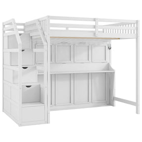 White Full XL Loft Bed with Storage Staircase, Murphy Bed, LED Light, Solid Pine and MDF, 101.2''L x 59.1''W x 73''H - sold by Home Elegance USA