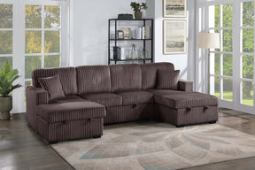 Chocolate Finish Convertible Sectional Upholstered Corduroy 3pc RAF And LAF Storage Chaises Pull Out Middle Section Pillow Included Primary Living Room - sold by Home Elegance USA