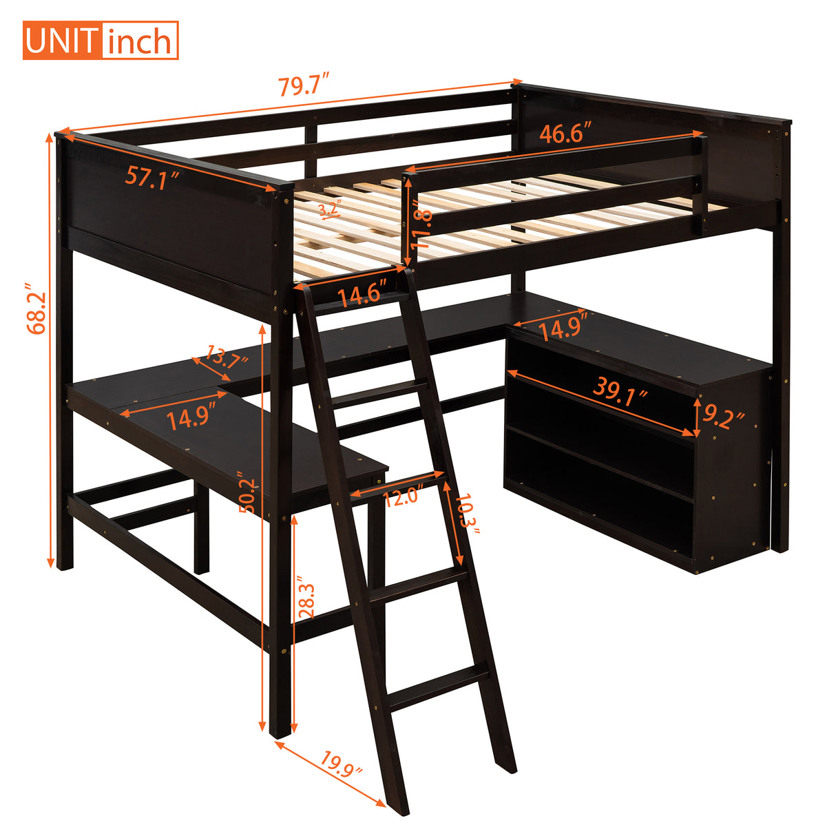 Full size Loft Bed with Shelves and Desk, Wooden Loft Bed with Desk - Espresso - Home Elegance USA