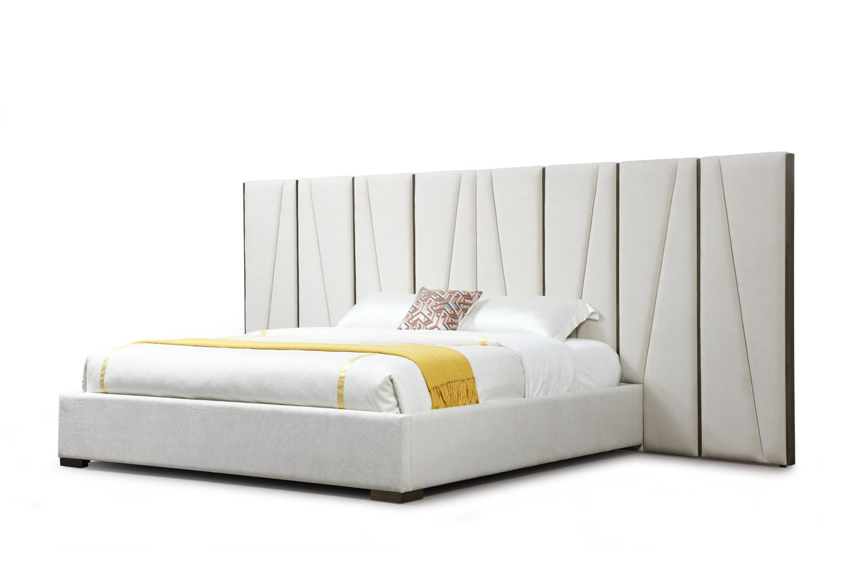 Nixa - Modern Beige Velvet + Brushed Bronze + Birch Bed + Nightstands-queen - View Image 1