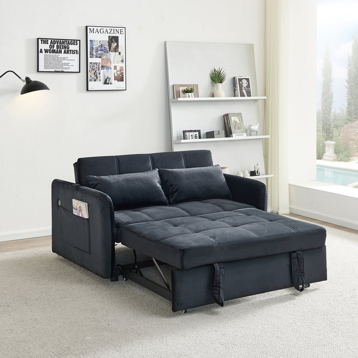 55.5" Twins Pull Out Sofa Bed Black Velvet - W1097104078 - image - 2