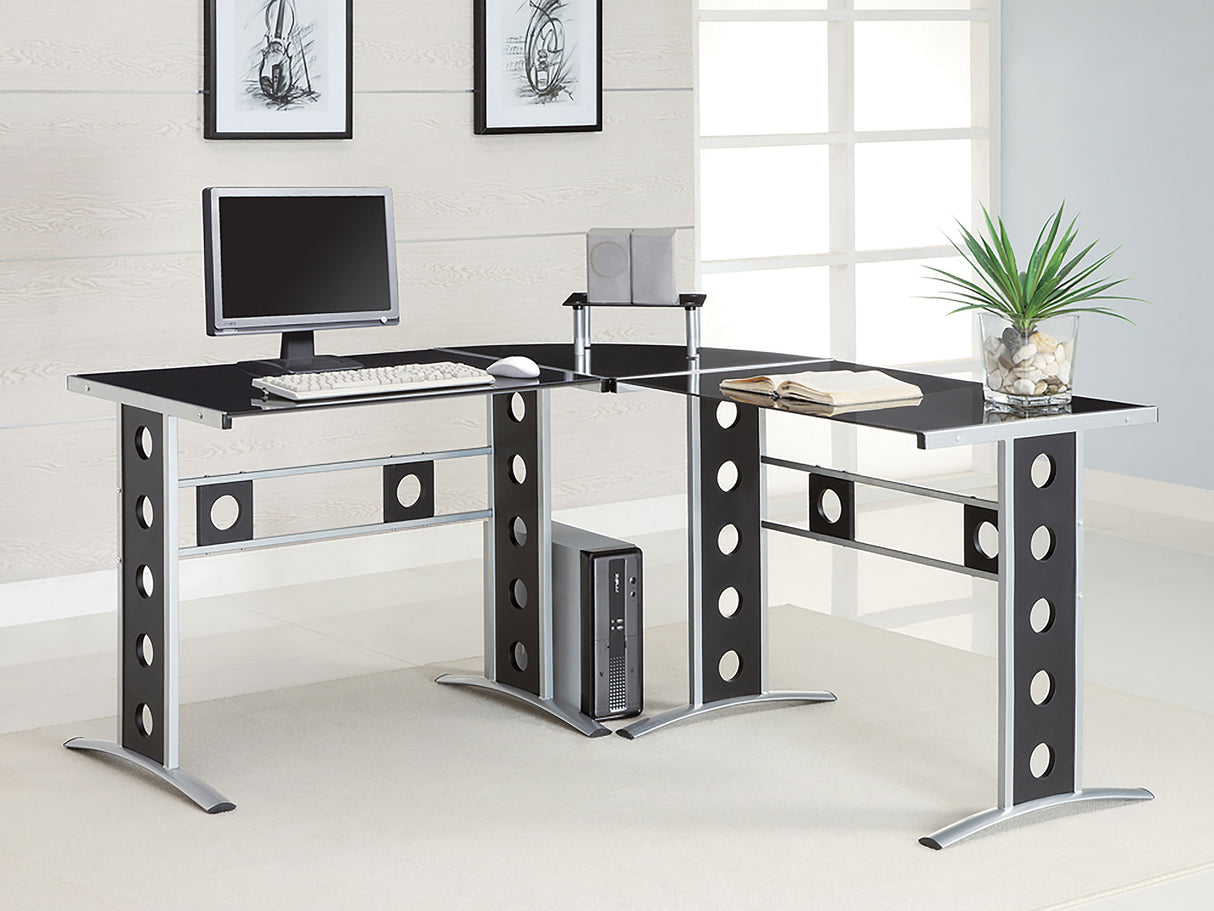 L-Shape Desk - Keizer 3-piece L-shape Office Desk Set Black and Silver