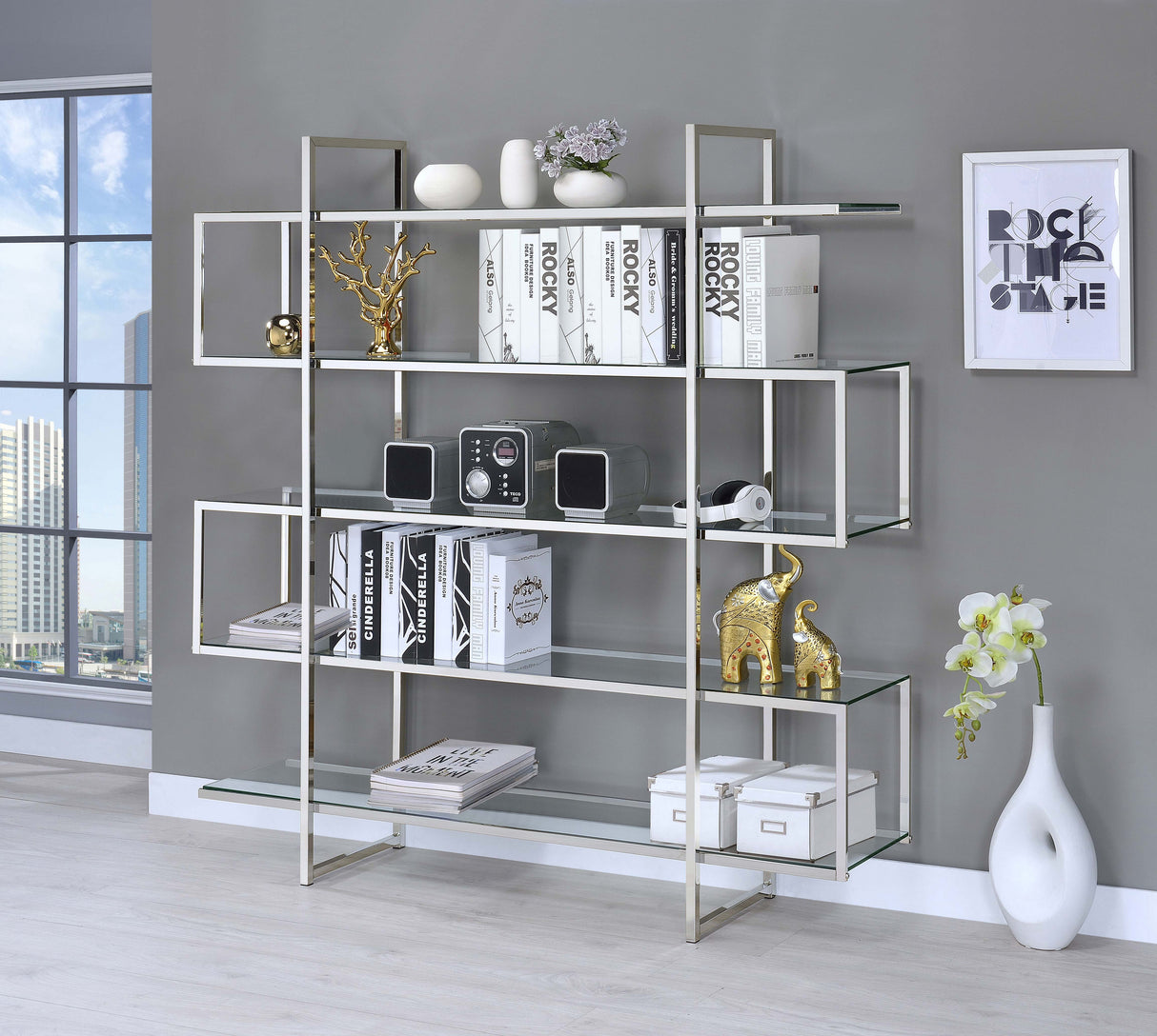 Bookcase - Elmer 5-shelf Bookcase Chrome and Clear