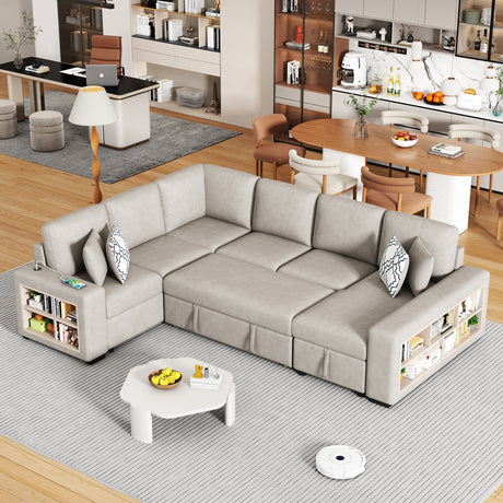Beige Chenille U-Shaped Sectional Sofa with Pull-out Bed, USB Ports, Storage Chaise & Back Pillows - sold by Home Elegance USA