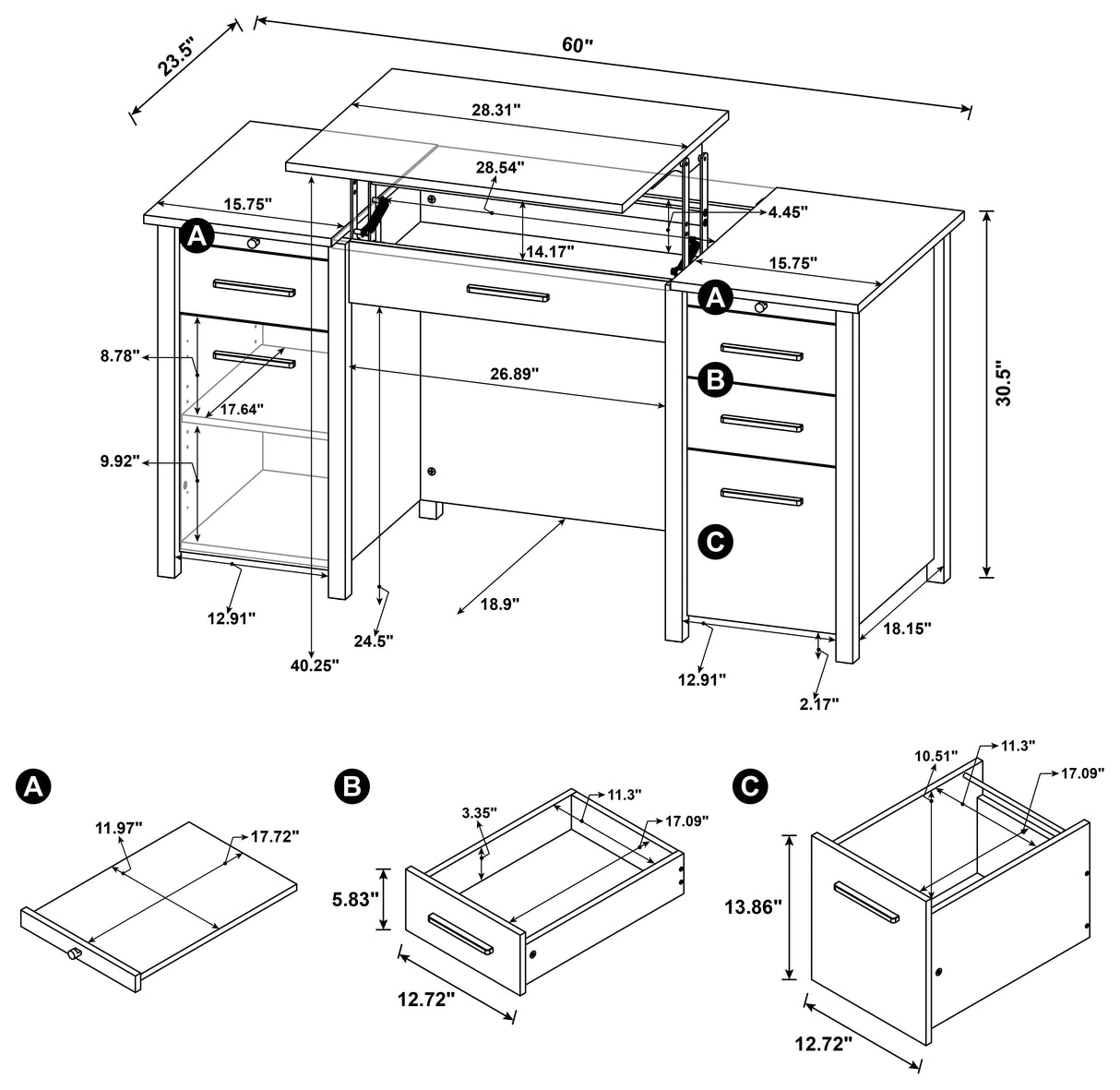 Lift Top Computer Desk - Dylan 4-drawer Lift Top Office Desk