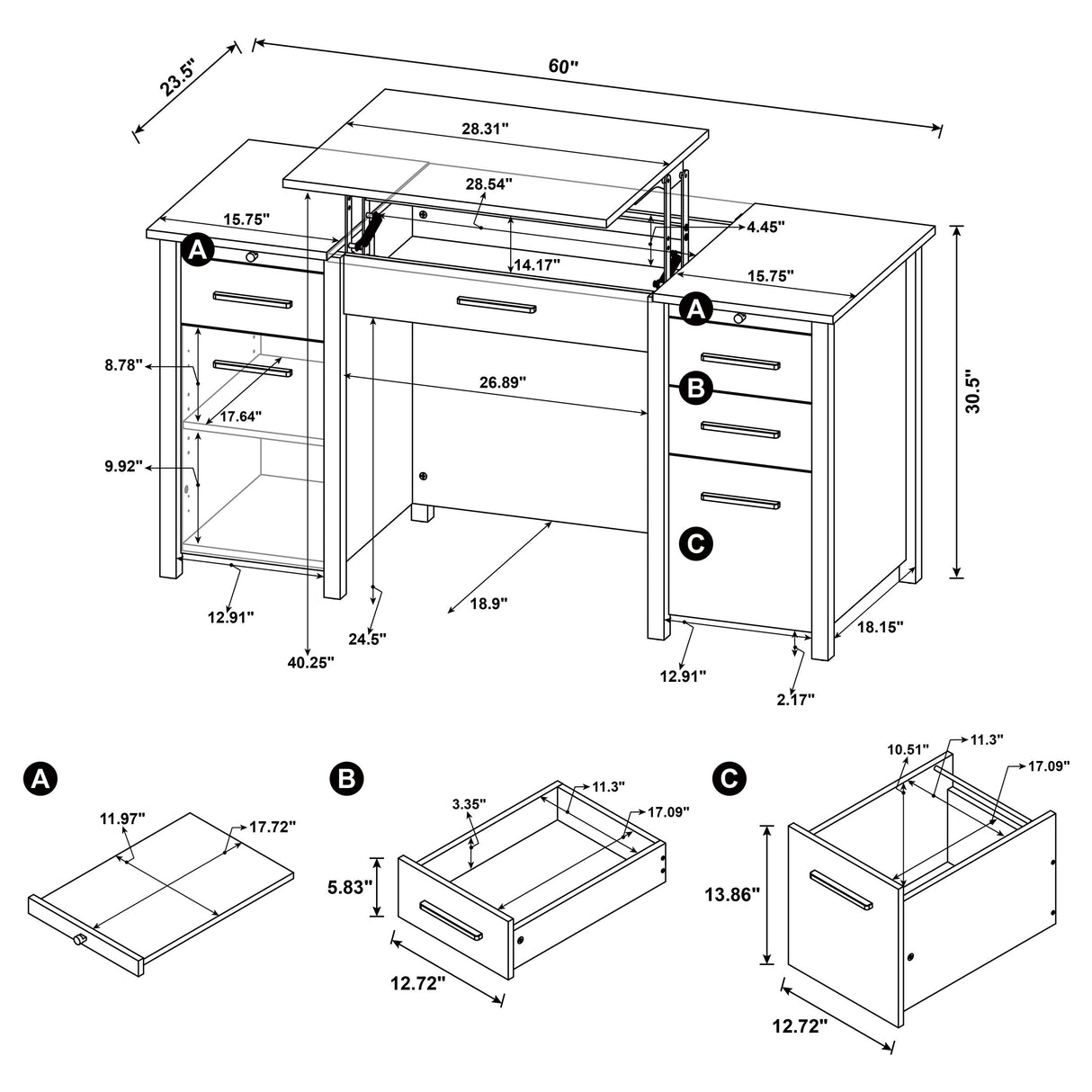 Lift Top Computer Desk - Dylan 4-drawer Lift Top Office Desk