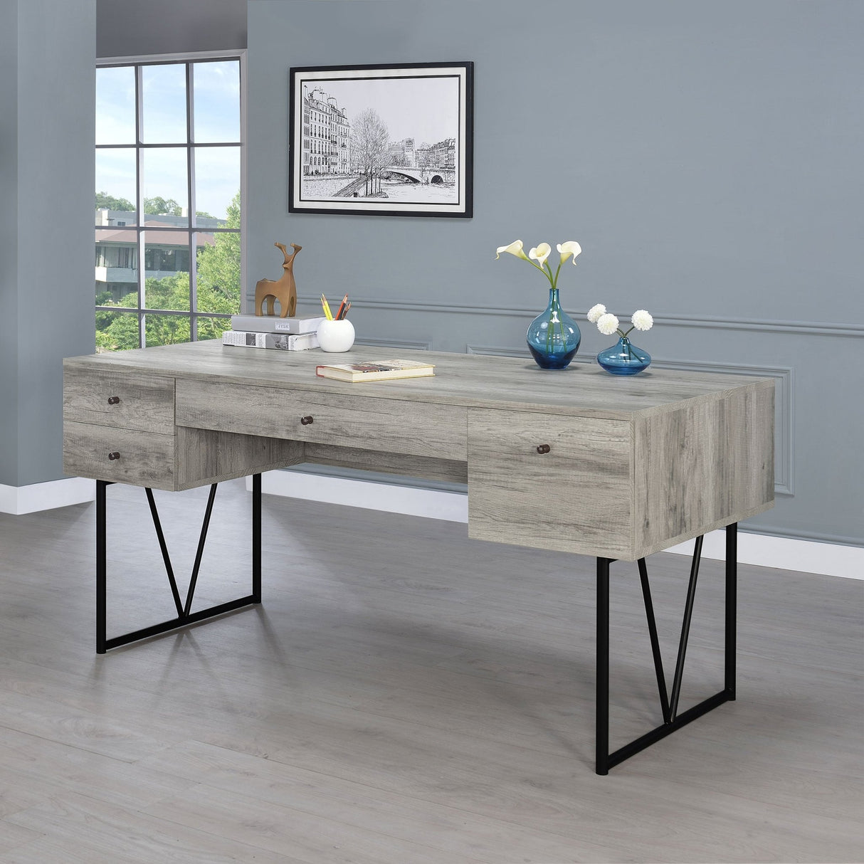 Analiese 4 - drawer Writing Desk Grey Driftwood | Coaster - 801999 - Home Elegance USA - 2