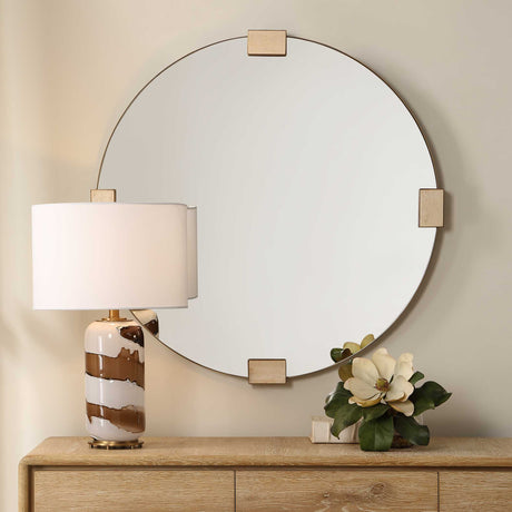 Russo Travertine Round Mirror Bronze / Brown / Gold - Beige by Uttermost - View 2