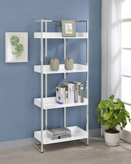 Bookcase - Ember 4-shelf Bookcase White High Gloss and Chrome