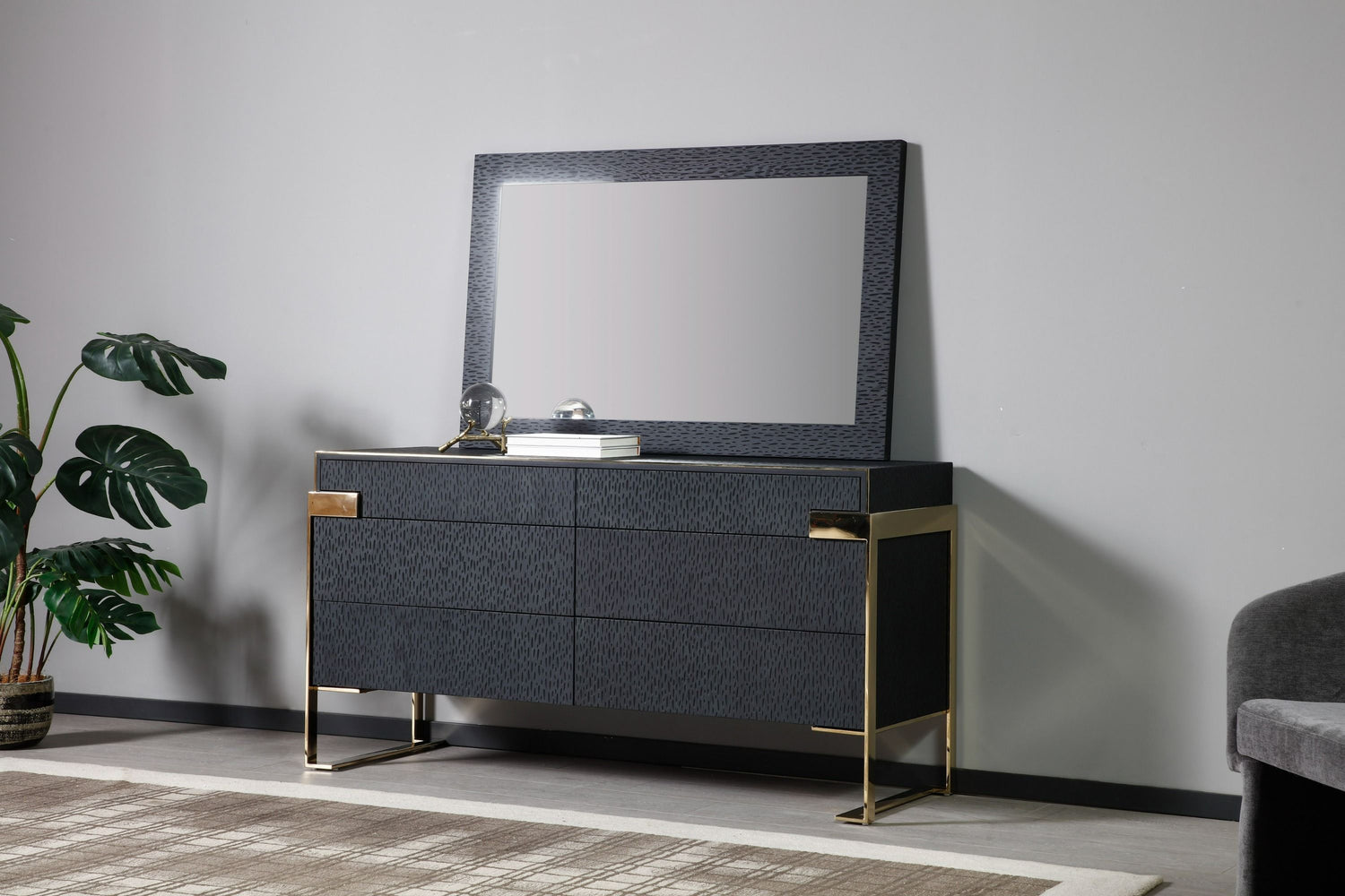 Eastern King Athena & Rothsay - Modern Grey Fabric + Wenge + Gold Bedroom Set