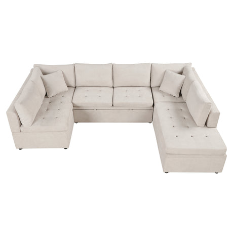 Oversized U-Shaped Sectional Sofa Couch with Pull-out Bed, Beige Chenille, 117.3' - sold by Home Elegance USA