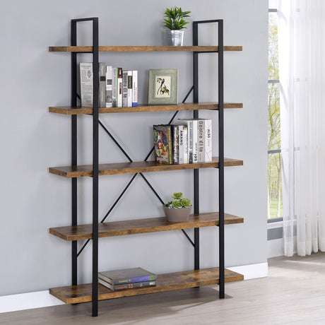 Bookcase - Cole 5-Shelf Bookcase Antique Nutmeg and Black