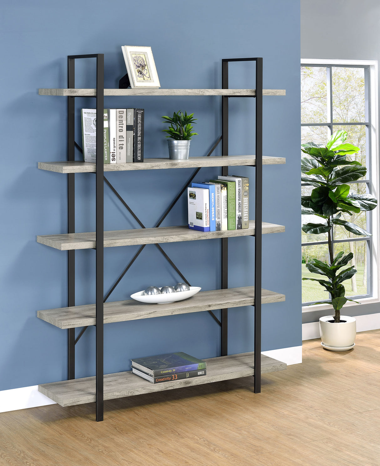 Bookcase - Cole 5-Shelf Bookcase Grey Driftwood and Gunmetal