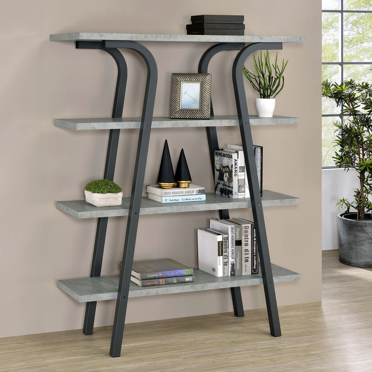 Bookcase - Tatum 4-tier Rectangular Bookcase Cement and Gunmetal