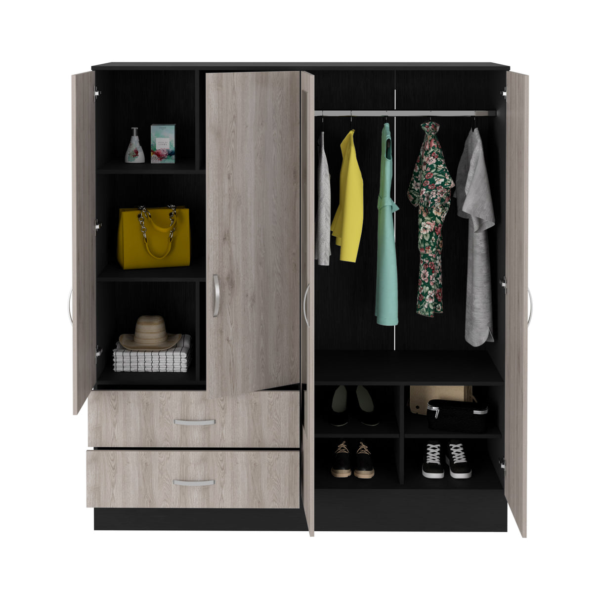 Bolton 160 Armoire, Six Shelves, Two Double Door Cabinets, Two Mirrors, Two Drawers, Rod Black / Light Gray - sold by Home Elegance USA