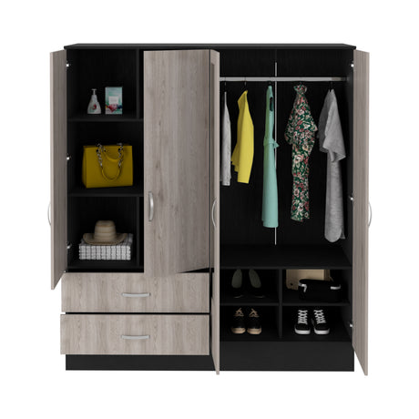 Bolton 160 Armoire, Six Shelves, Two Double Door Cabinets, Two Mirrors, Two Drawers, Rod Black / Light Gray - sold by Home Elegance USA