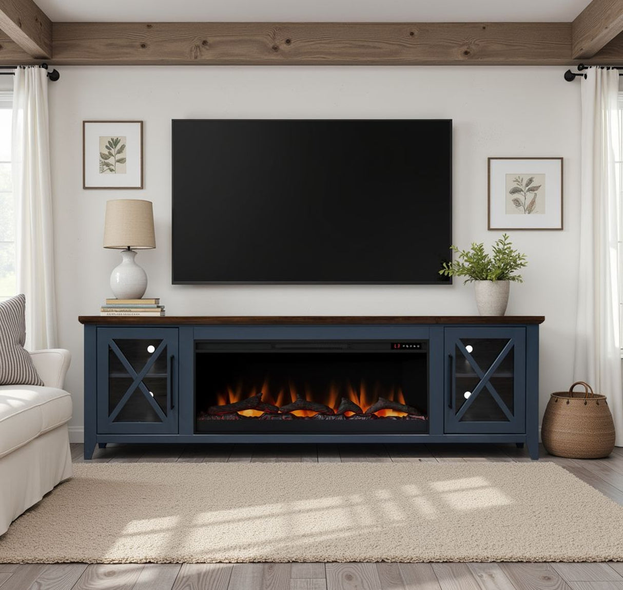 Soporte para TV con chimenea Ithaca de 83 pulgadas, para televisores de hasta 95 pulgadas, requiere un ensamblaje mínimo, acabado azul y bourbon