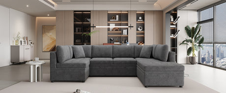 Oversized Sectional Sofa U-shaped Couch Pull-out Sofa Bed with Two Throw Pillows Gray Chenille 117.3' - sold by Home Elegance USA