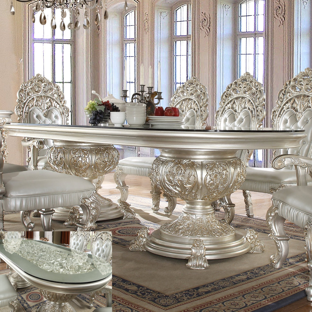 HD-8088 9pc Traditional Dining Table Set in Metallic Silver | Homey Design - Home Elegance USA
