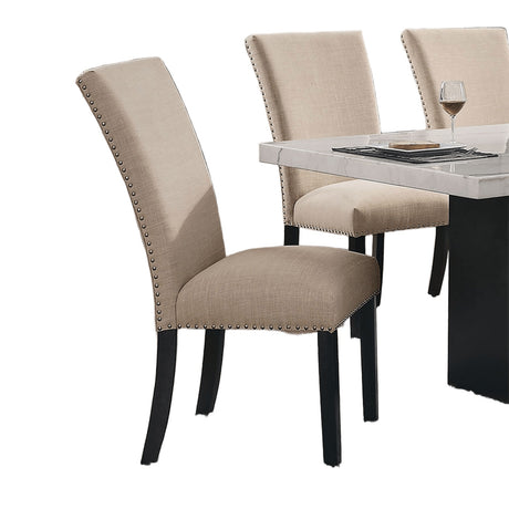 Gorgeous Marble Top Table w 6x Side Chairs Beige Fabric Upholstered Chair Dining Room 7pc Set Black Wooden Furniture - sold by Home Elegance USA