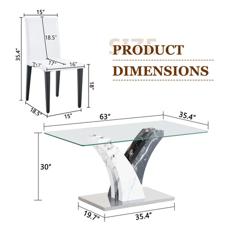 Table and chair set.Modern dining table, tempered glass countertop, and artistic MDF legs.Paried With 6 White PU dining chairs, simple and versatile, comfortable and accompanied. - sold by Home Elegance USA