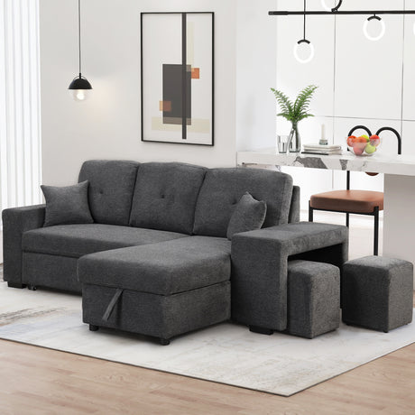 Reversible Sleeper Sectional Sofa Bed with Side Shelf and 2 Stools, Pull-Out L-Shaped Sofa Bed, Velvet Blue Black - sold by Home Elegance USA