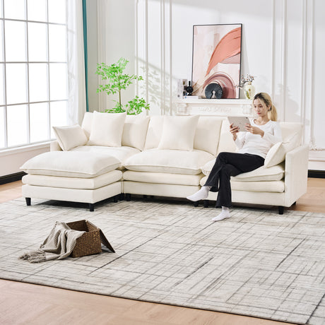 140.9-inch U-shaped modular sectional sofa, suitable for living room or bedroom. It comes with 2 movable ottomans, 4 cushions and 2 throw pillows. Made of soft cashmere fabric, in beige - sold by Home Elegance USA