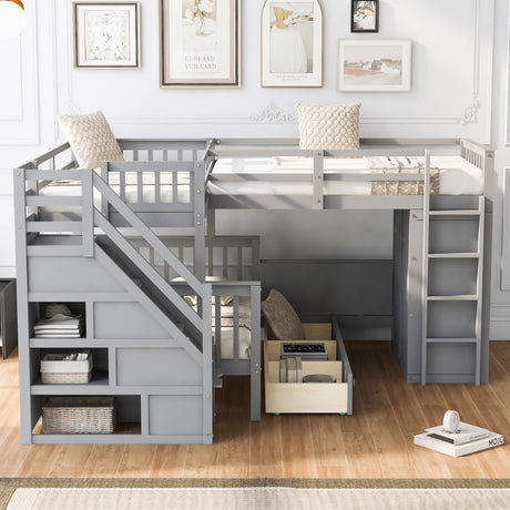 Twin-Twin over Full L-Shaped Bunk Bed With 3 Drawers, Portable Desk and Wardrobe, Gray(OLD SKU:LT100542AAE) - sold by Home Elegance USA