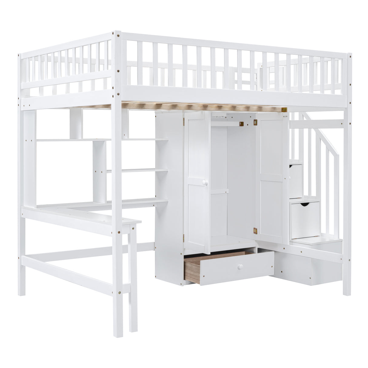 Full size Loft Bed with Bookshelf,Drawers,Desk,and Wardrobe-White - Home Elegance USA