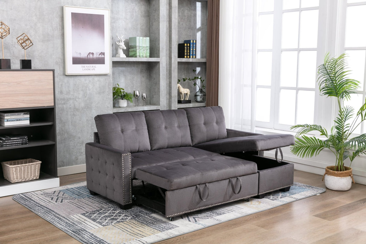 77 Inch Reversible Sectional Storage Sleeper Sofa Bed , L - Shape 2 Seat Sectional Chaise With Storage , Skin - Feeling Velvet Fabric ,Dark Grey Color For Living Room Furniture | Home Elegance USA