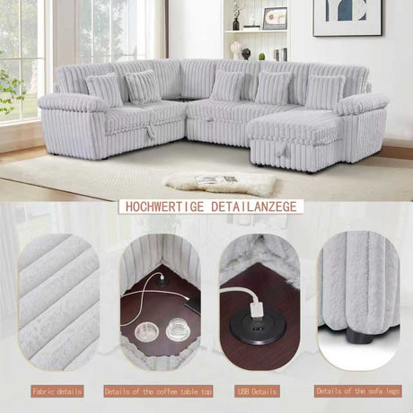 110-inch U-shaped corduroy super soft sectional sofa with storage and pull-out bed, corner coffee table with cup holder and USB port; suitable for living room, comfortable corduroy sectional sofa - sold by Home Elegance USA