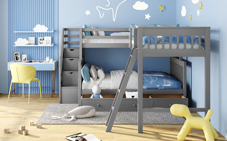 Twin over Full L-Shaped Bunk Bed With 3 Drawers, Ladder and Staircase - Gray - sold by Home Elegance USA