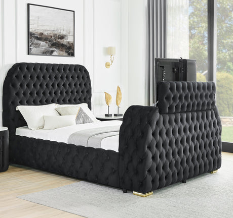 Luxurious King Size 3pc Bed Set Comfort Innovative Design Bed Deeply Tufted Headboard Upholstered Black Velvet Television Lift Built-in Electric Fireplace Bedroom Furniture 1x Bed 2x Nightstands - sold by Home Elegance USA