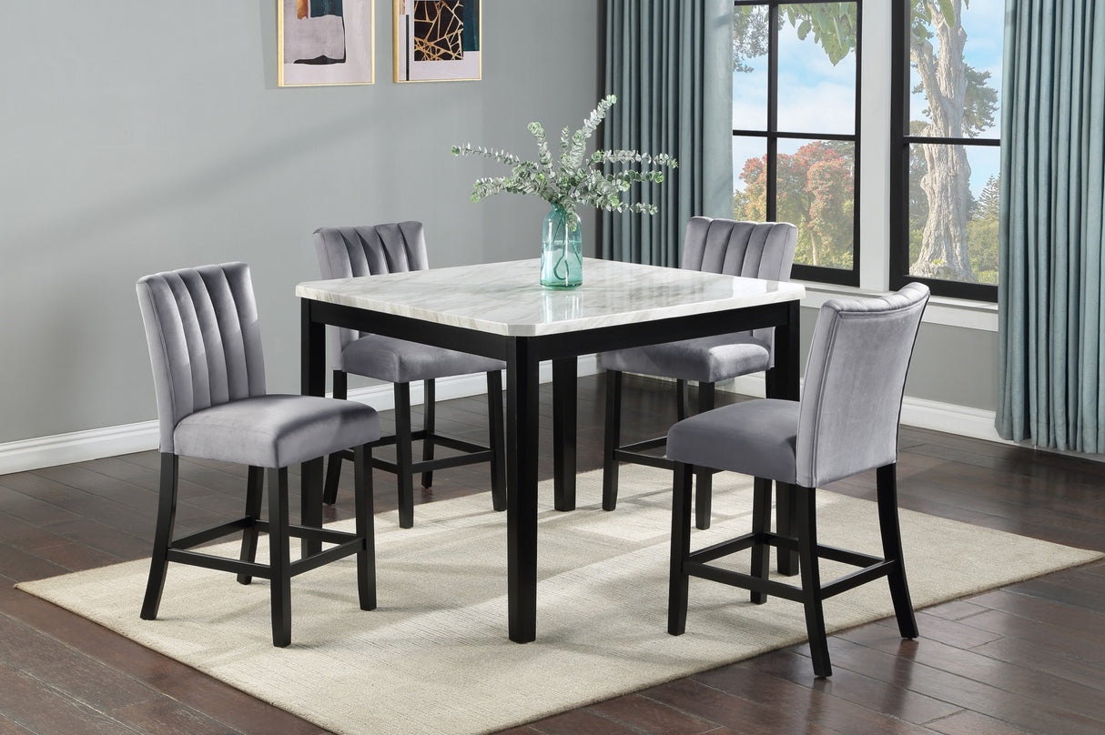 5-Piece Contemporary Counter Height Dining Set Square Faux Marble Table Tope Black Finish Upholstered Chairs Channel Tufting Wooden Solid Wood Dining Room Kitchen Furniture