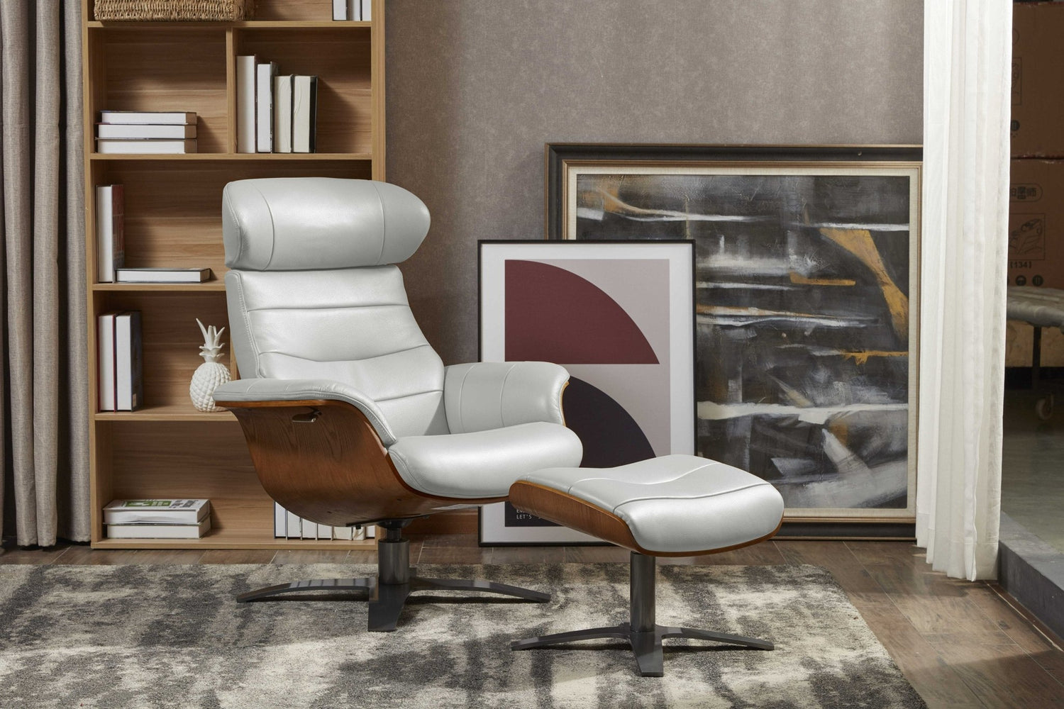 Divani Casa Abrons - Mid - Century Modern Light Grey Leather Lounge Chair & Ottoman | Home Elegance USA