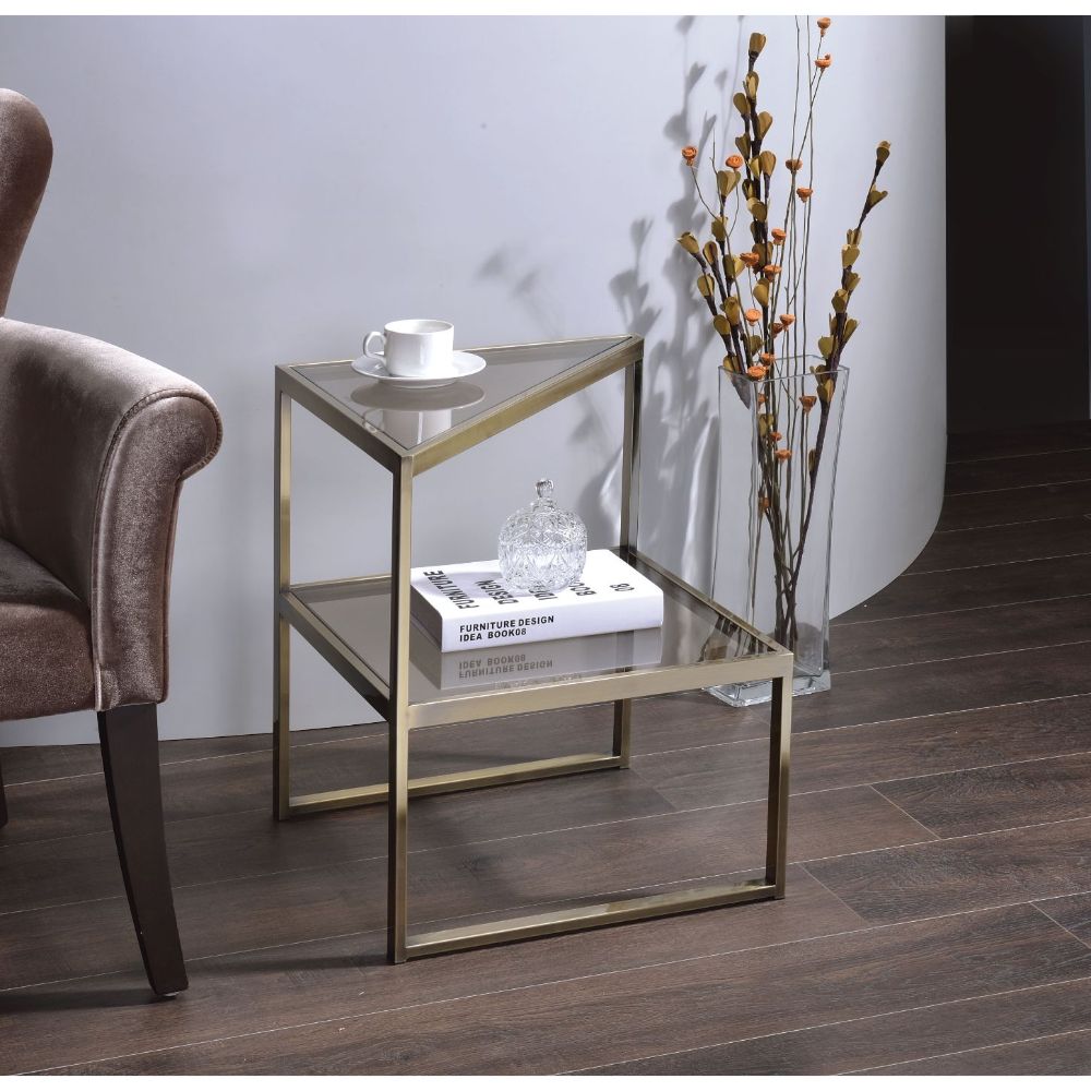 Acme - Treva Accent Table 81030 Smoky Glass & Antique Gold Finish