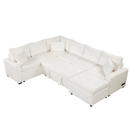 Cream Tweed Chenille Sectional Sofa with Pull-out Bed and Storage Ottoman, 112.2' for Living Room - sold by Home Elegance USA