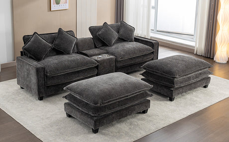 Modern Chenille Upholstered Sectional Sofa with Ottomans, USB Ports, Cup Holders, and Storage in Grey - sold by Home Elegance USA