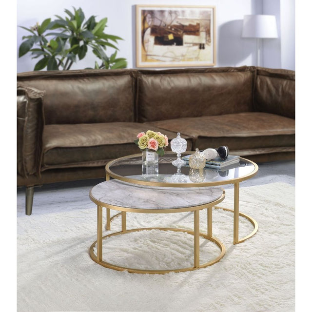 Acme - Shanish Nesting Table Set 81110 Faux Marble Top & Gold Finish