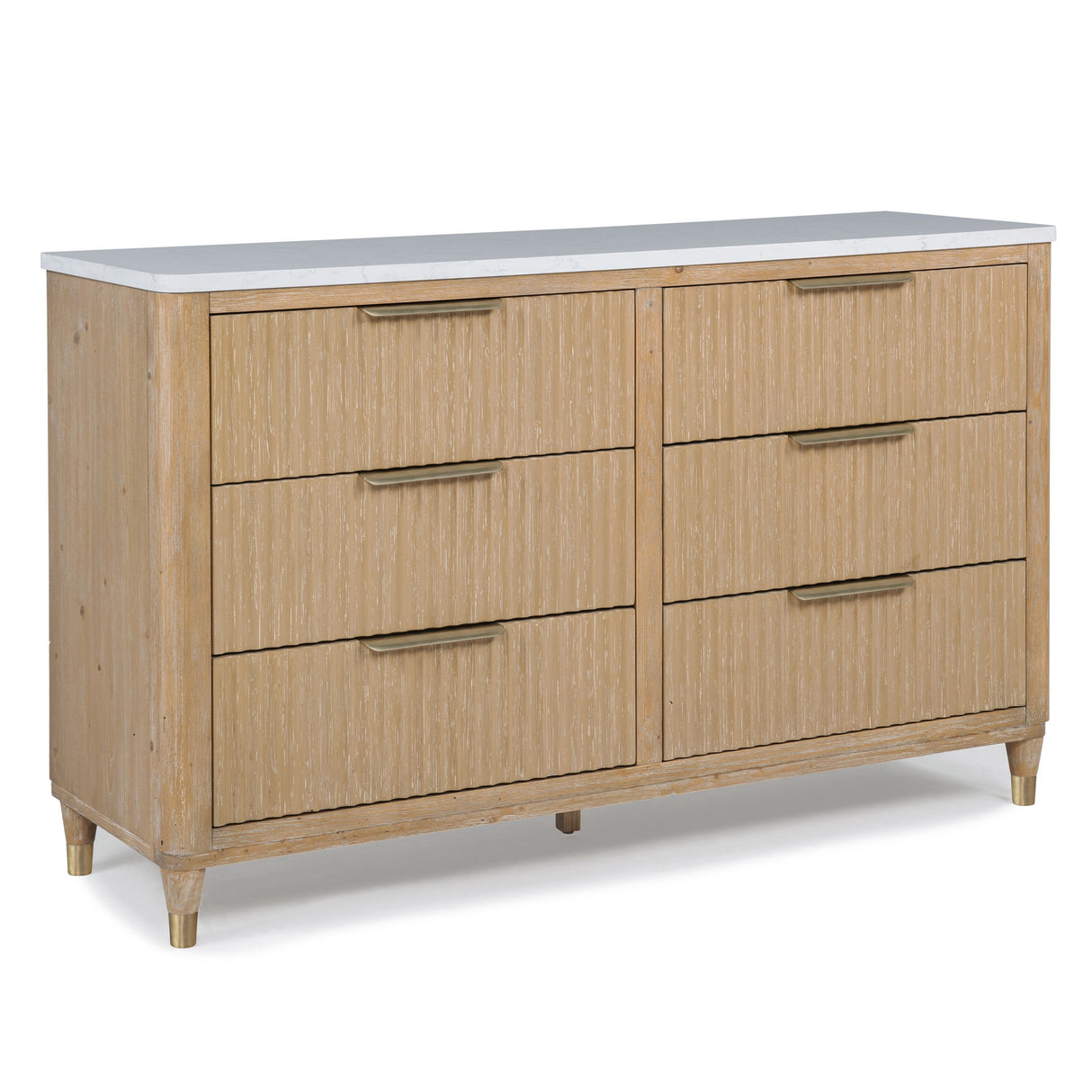 Modern Aesthetic Natural Wood Finish Six Drawers Dresser with Engineered Stone Top and Brass-accented Hardware