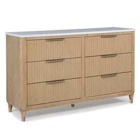 Modern Aesthetic Natural Wood Finish Six Drawers Dresser with Engineered Stone Top and Brass-accented Hardware