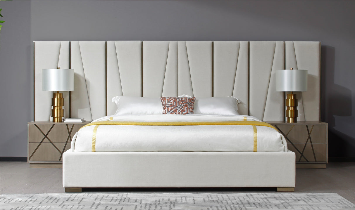 Nixa - Modern Beige Velvet + Brushed Bronze + Birch Bed + Nightstands-queen - View Image 1